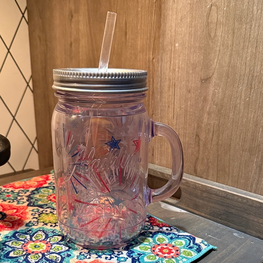 Clear plastic Mason Jar with Straw and Silver Lid